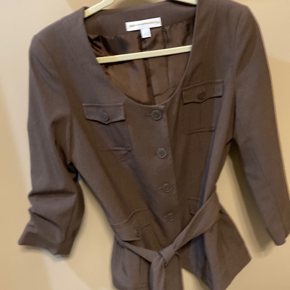New York & Company Brown Blazer with Belted Waist and 3/4 Sleeves
